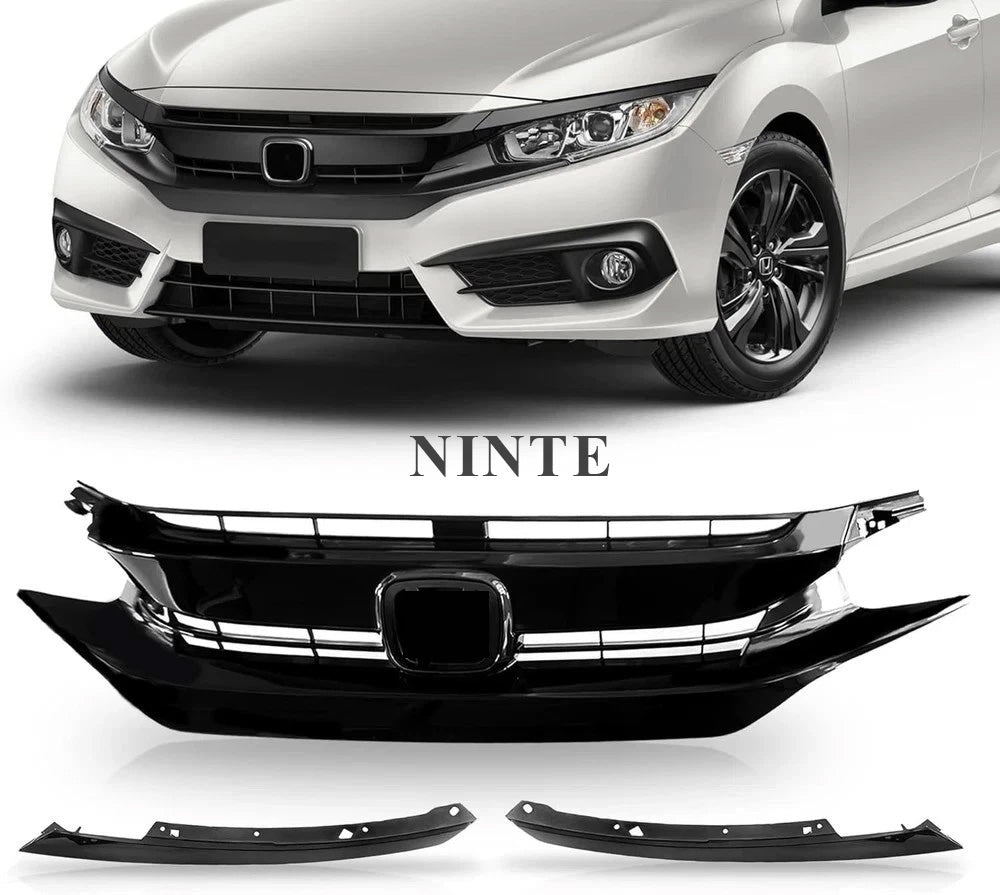Ninte For 2016 - 2018 Honda Civic 10th Gloss Black ABS Triple Front Mesh Grille With Light Brows - NINTE