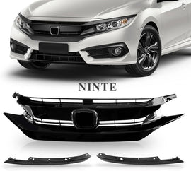 Ninte For 2016 - 2018 Honda Civic 10th Gloss Black ABS Triple Front Mesh Grille With Light Brows - NINTE