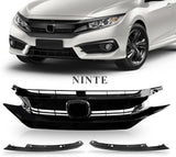 Ninte For 2016-2018 Honda Civic 10th Gloss Black ABS Triple Front Mesh Grille With Light Brows
