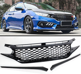 NINTE For 2016 - 2019 Honda Civic Gloss Black Front Bumper Hood Mesh Grille Eye Lid - NINTE