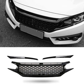 NINTE For 2016 - 2019 Honda Civic Gloss Black Front Bumper Hood Mesh Grille Eye Lid - NINTE