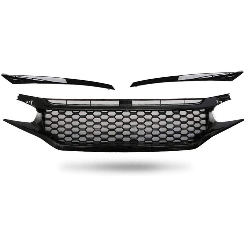 NINTE For 2016 - 2019 Honda Civic Gloss Black Front Bumper Hood Mesh Grille Eye Lid - NINTE