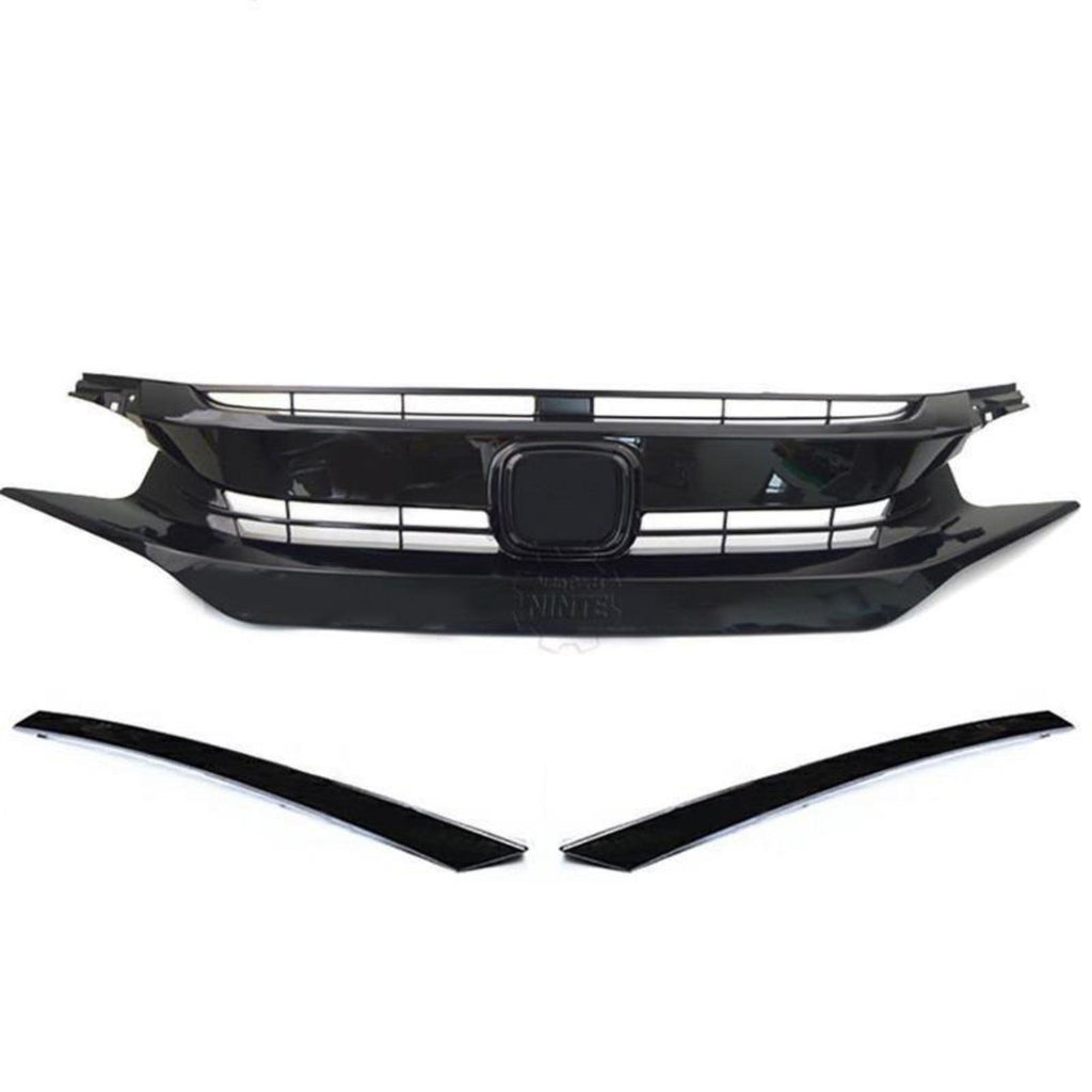 Ninte For 2016 - 2018 Honda Civic 10th Gloss Black ABS Triple Front Mesh Grille & Light Brows - NINTE