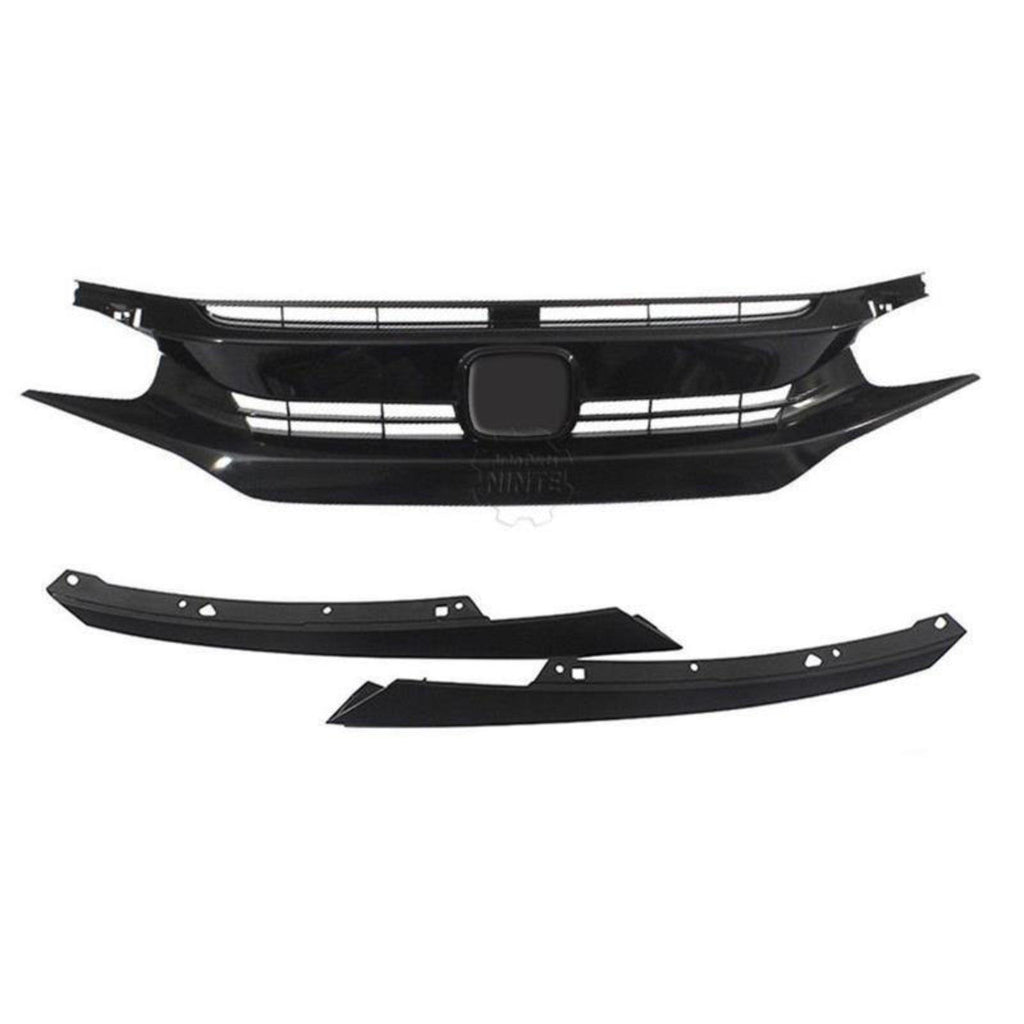 Ninte For 2016 - 2018 Honda Civic 10th Gloss Black ABS Triple Front Mesh Grille & Light Brows - NINTE