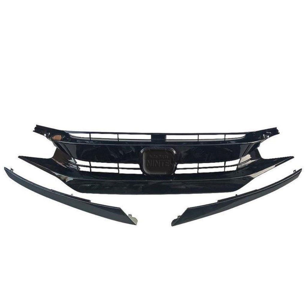 Ninte For 2016 - 2018 Honda Civic 10th Gloss Black ABS Triple Front Mesh Grille & Light Brows - NINTE