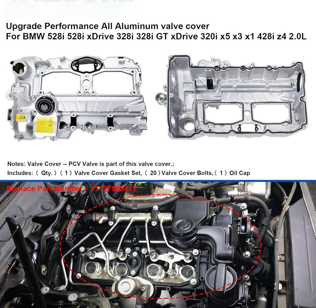 NINTE Upgrade Aluminum Valve Cover Kit for 2012 - 2018 BMW N20 320i 328i 528i X3 X5 X1 Z4 2.0L L4 Replace 11127588412 - NINTE