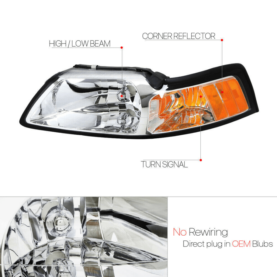 Ninte Headlight For 1999-2004 Ford Mustang Black / Chrome Housing Headlights