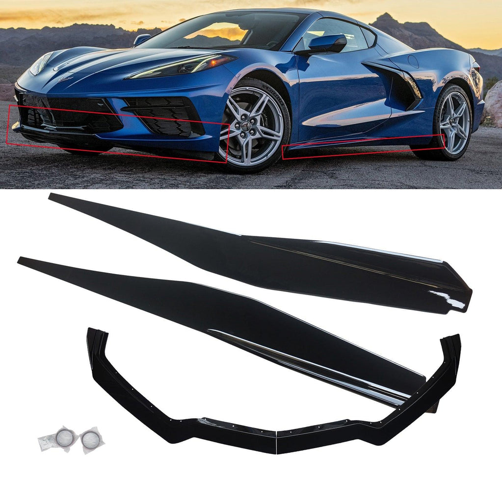 NINTE For 2020 - 2024 Chevy Corvette C8 Front Lip Side Skirts Gloss Black Bottom Line Style Lips - NINTE
