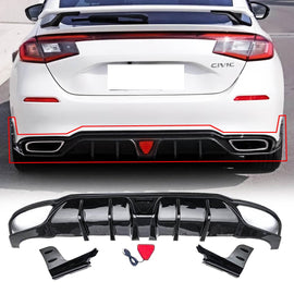 NINTE Rear Bumper Lip For 2022 - 2025 11th Gen Honda Civic Hatchback Rear Diffuser Gloss Black - NINTE