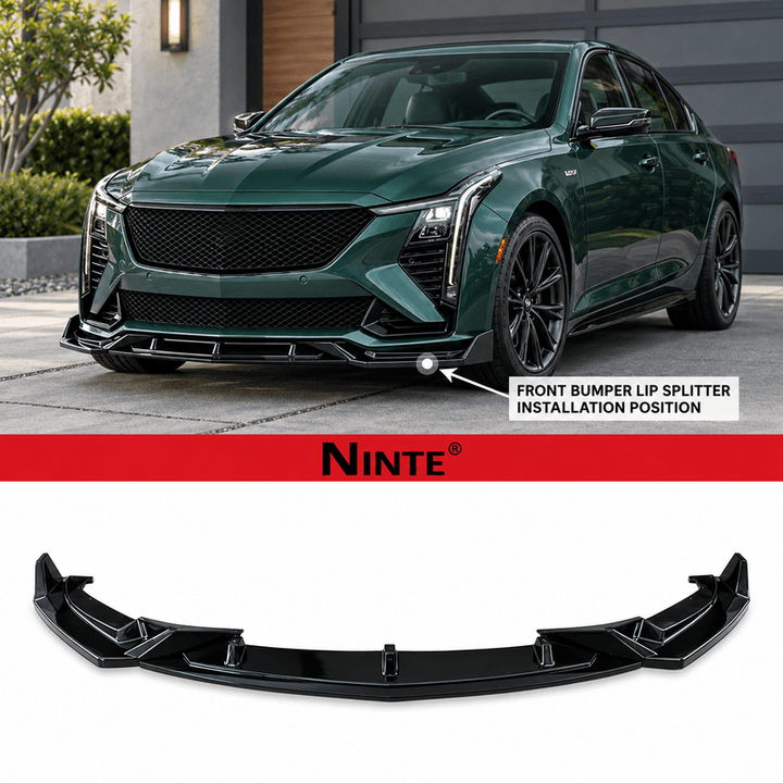 NINTE Front Bumper Lip Splitter Kit Fit for Cadillac CT5-V 2024-2026 Painted Gloss Black 3-Piece Sport Style Without Logo - NINTE