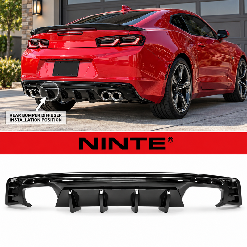 NINTE Rear Bumper Diffuser Lip Splitter Fit for 2016-2023 Chevrolet Camaro Painted Gloss Black Quad Exhaust Sport Style Without Logo