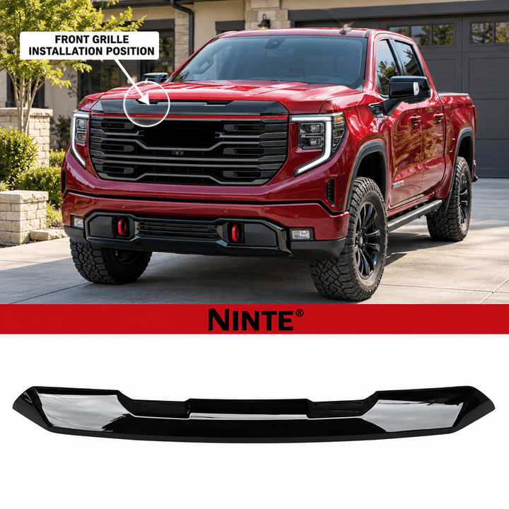NINTE Front Upper Grille Hood Bulge Cover Molding Trim fit for 2022-2026 GMC Sierra 1500 Painted Gloss Black One Piece Overlay Sport Style Without Logo - NINTE