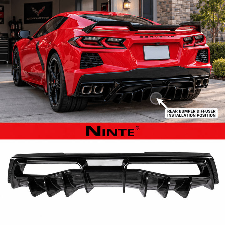 NINTE Rear Bumper Lip Diffuser Splitter Fit for Chevy Corvette C8 2020-2026 Painted Gloss Black ABS One Piece Sport Style Without Logo - NINTE