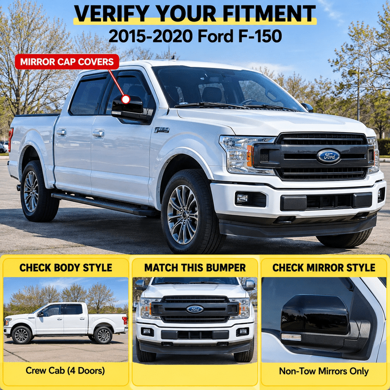 NINTE Mirror Caps for 2015-2020 Ford F-150, Non-Tow Top-Half Covers, 2-Piece - NINTE