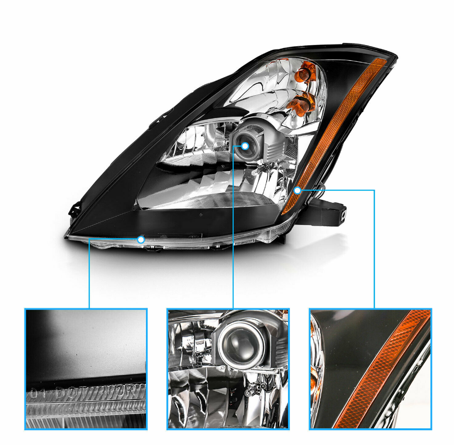 For 2003 2004 2005 Nissan 350Z Coupe Z33 Fairlady Black Projector Headlights Set - NINTE