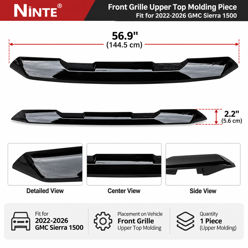 Front Grille Upper Top Molding Trim Piece Fit for GMC Sierra 1500 2022-2026 Chrome One Piece Style Without Logo