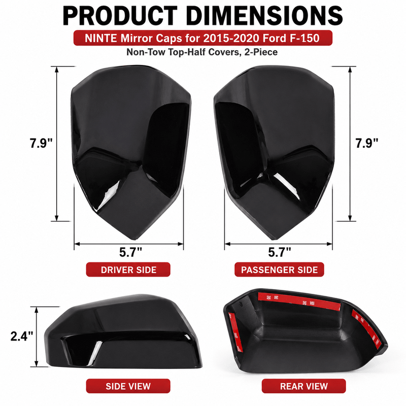 NINTE Mirror Caps for 2015-2020 Ford F-150, Non-Tow Top-Half Covers, 2-Piece - NINTE