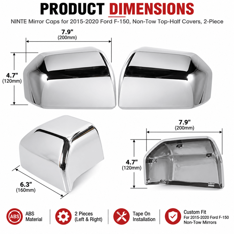 NINTE Mirror Caps for 2015-2020 Ford F-150, Non-Tow Top-Half Covers, 2-Piece - NINTE