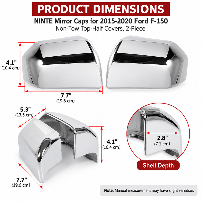 NINTE Mirror Caps for 2015-2020 Ford F-150, Non-Tow Top-Half Covers, 2-Piece - NINTE