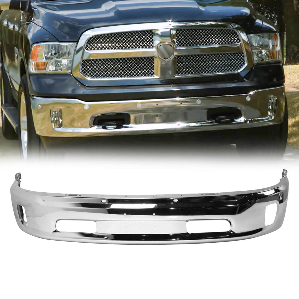 NINTE Front Bumper Face Bar For 2014-2018 RAM 1500 with Fog Light& Park Assist Chrome Steel