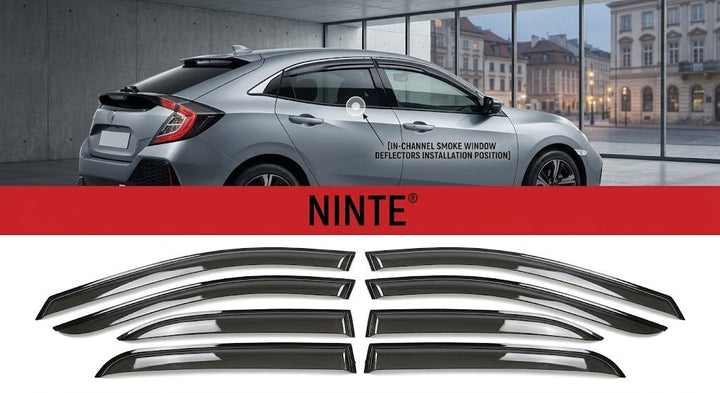 NINTE In-Channel Window Visor Rain Guard Deflector Fit For Honda Civic Hatchback 2016-2021 UK Euro Spec Smoked Black Trim - NINTE
