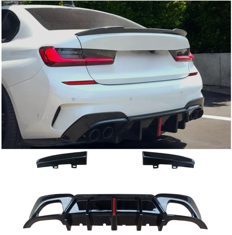 NINTE For 2019-2022 BMW G20 3 Series Rear Diffuser W/ LED Light NINTE Style Gloss Black