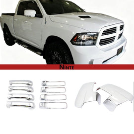 NINTE Tape - On Rearview Mirror Cover + Door Handle Cap Chrome for Dodge Ram 1500 2500 2009 - 2018 | Jeep Grand Cheroke 2005 - 2011 ABS W/O Passenger Keyhole Turn Signal Cut - Outs (NOT Replacement) - NINTE