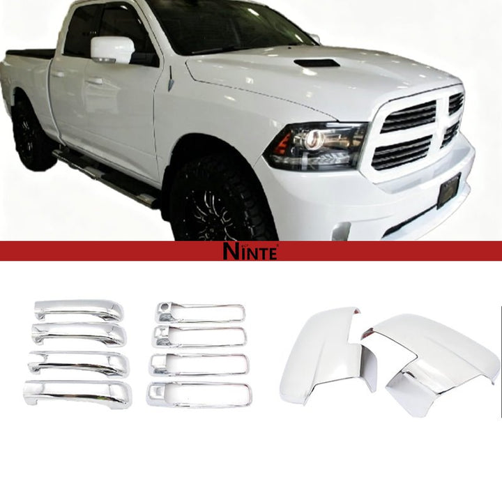NINTE Tape - On Rearview Mirror Cover + Door Handle Cap Chrome for Dodge Ram 1500 2500 2009 - 2018 | Jeep Grand Cheroke 2005 - 2011 ABS W/O Passenger Keyhole Turn Signal Cut - Outs (NOT Replacement) - NINTE