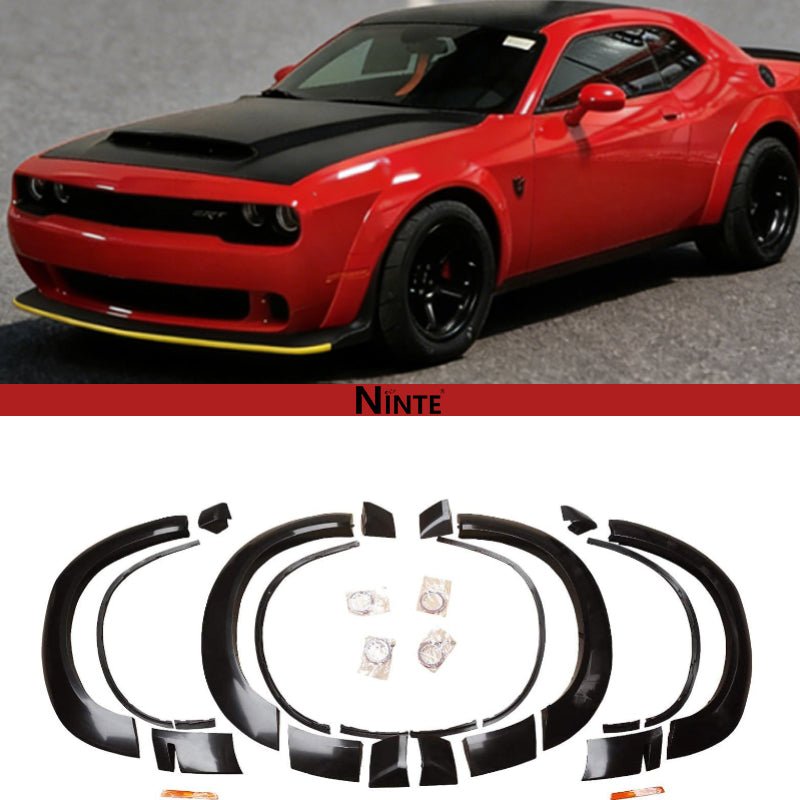 NINTE Fender Flares for 2015-2021 Dodge Challenger Hellcat Model, Demon Style PP Unpainted Black Fender Flares