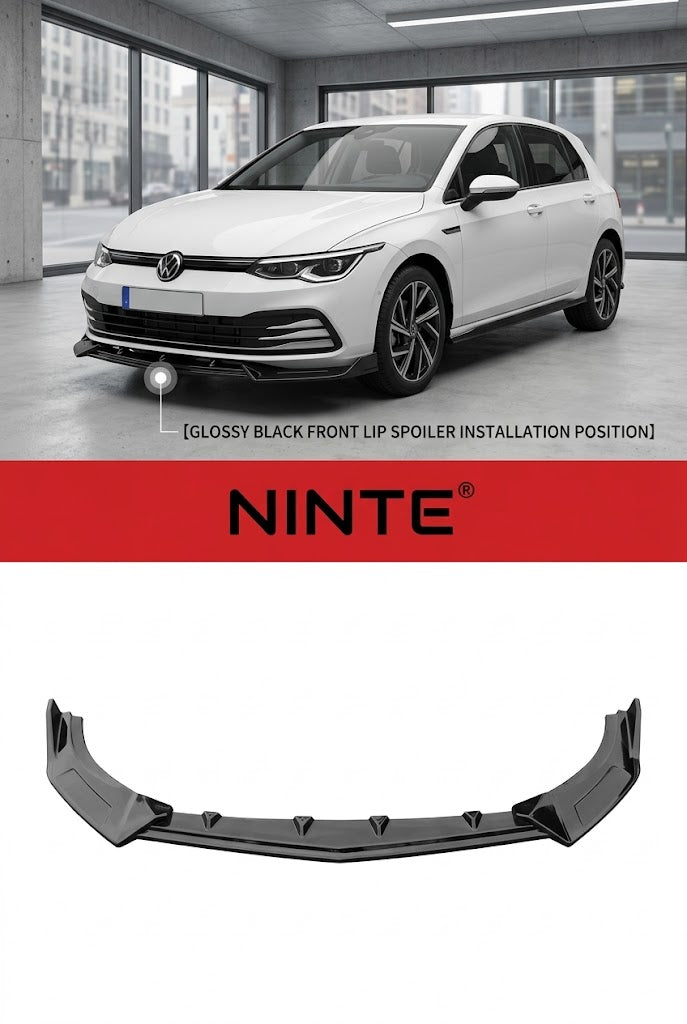 NINTE Front Bumper Lip Splitter Kit Fit For VW Golf 8 Pro 2021+ Painted Gloss Black 3-Piece Blade Style Without Logo