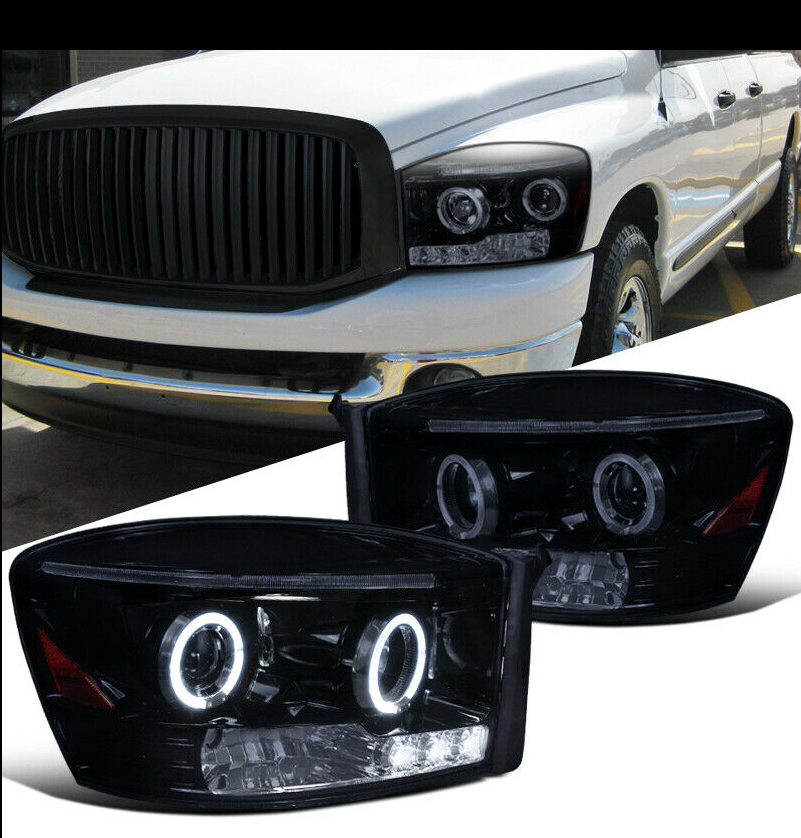 Glossy Black For Dodge 06-09 Ram 1500 2500 3500 Tinted Halo Projector Headlights - NINTE
