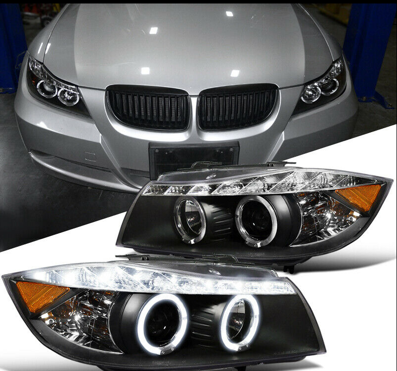 For 06-08 BMW E90 3-Series 325i 330i 4Dr Black LED Halo Projector Headlight Pair - NINTE