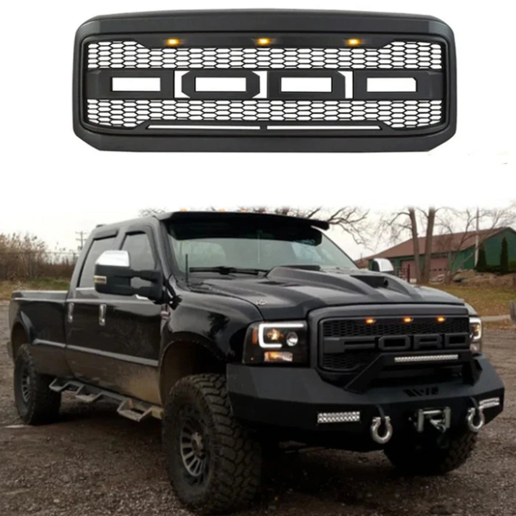 NINTE For 2005-2007 Ford F250 F350 Front Grille Super Duty Raptor Black Grill W/Lights