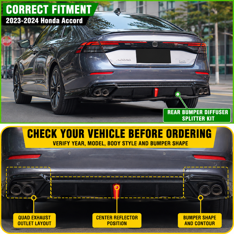 NINTE Rear Bumper Diffuser Kit Fit for Honda Accord 2023-2026 Gloss Black with LED Light