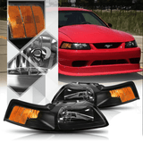 NINTE Headlight for 1999-2004 Ford Mustang Black / Chrome Housing Headlights