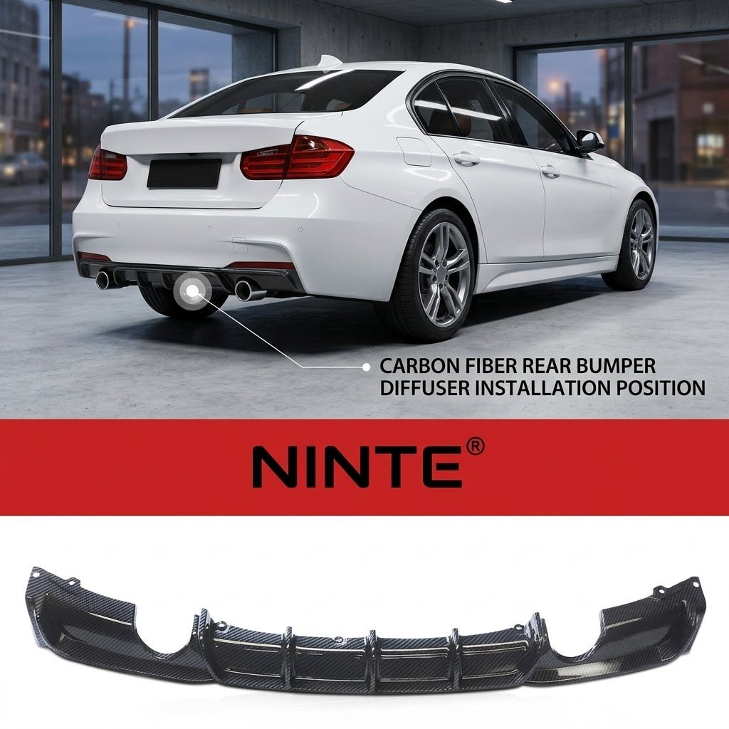 NINTE Rear Bumper Lip Diffuser Dual Single Outlet Fit For BMW 3 Series F30 2012-2018 Carbon Fiber Look One Piece Sport Style Without Logo