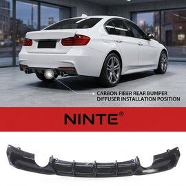 NINTE Rear Bumper Lip Diffuser Dual Single Outlet Fit For BMW 3 Series F30 2012-2018 Carbon Fiber Look One Piece Sport Style Without Logo - NINTE