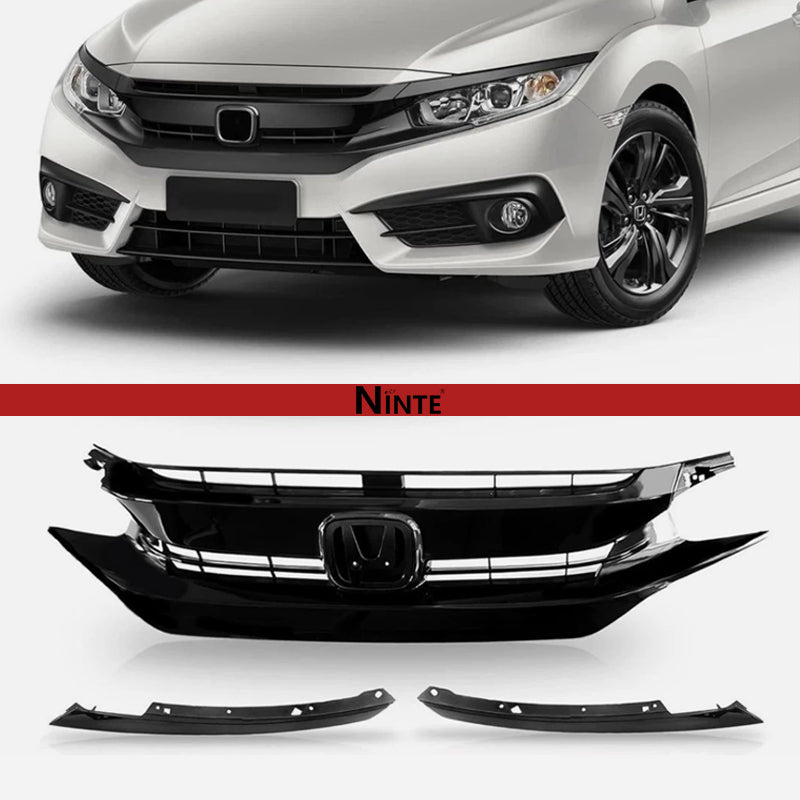Ninte For 2016 - 2018 Honda Civic 10th Gloss Black ABS Triple Front Mesh Grille With Light Brows - NINTE