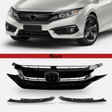 Ninte For 2016-2018 Honda Civic 10th Gloss Black ABS Triple Front Mesh Grille With Light Brows