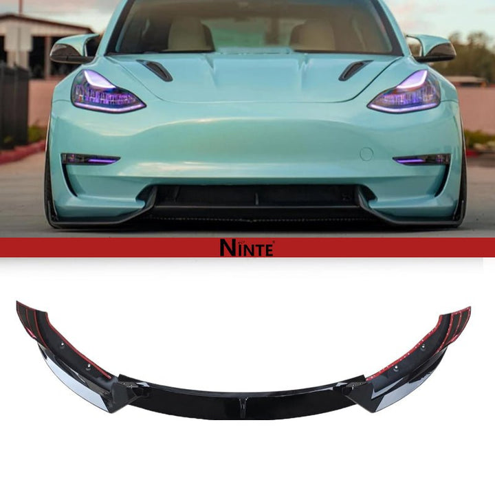 NINTE Front Lip for Tesla Model 3 2017 2018 2019 2020 2021 2022 2023 V Style ABS Painted Gloss Black Bumper Spoiler Splittber Body Kits Guard Front Chin Splitter 3 PCS - NINTE
