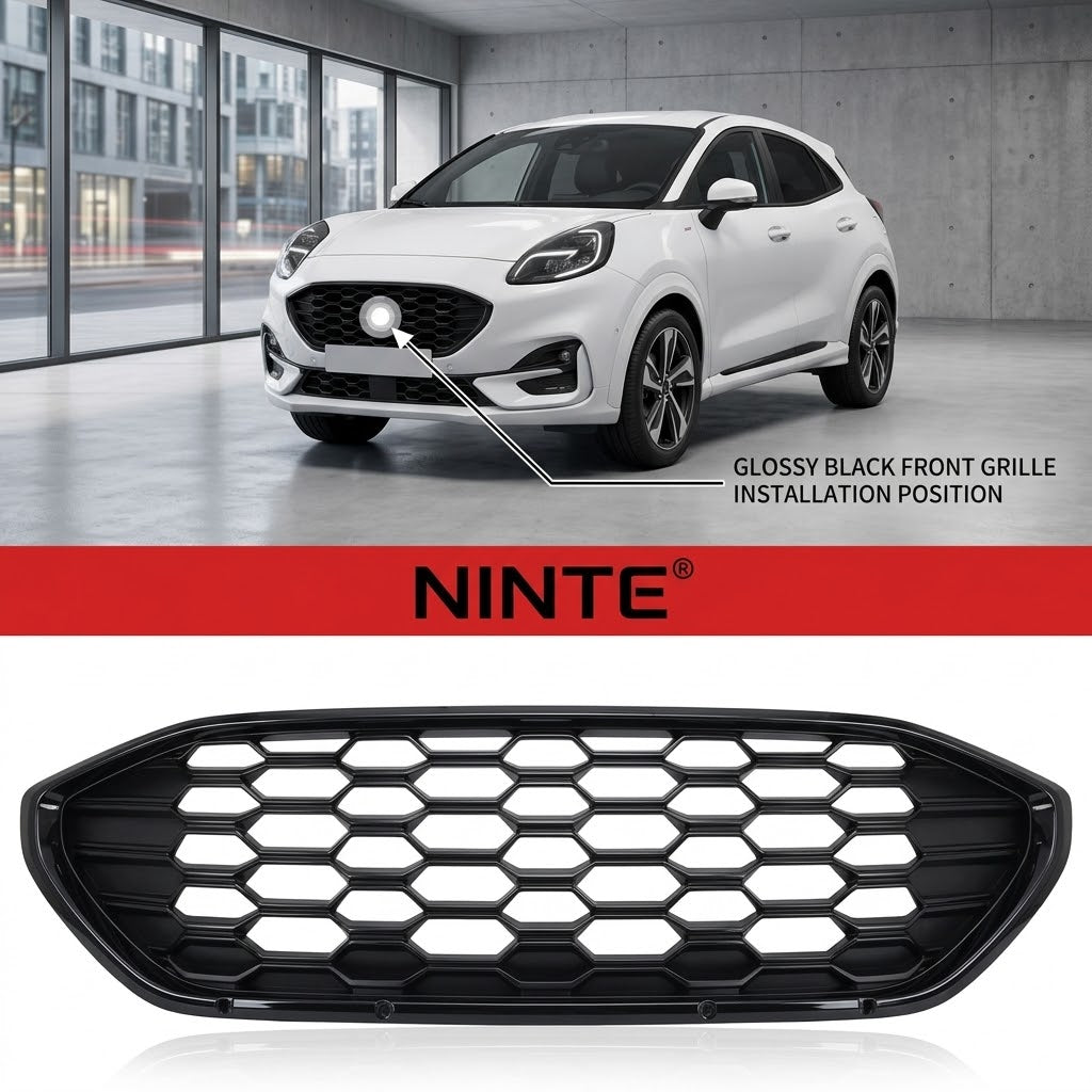 NINTE Front Bumper Upper Grille Mesh Trim Fit For Ford Puma ST-Line 2019-2025 Painted Gloss Black Without Logo