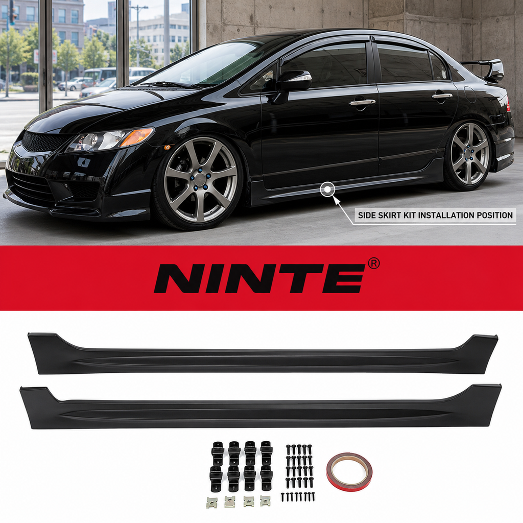NINTE Left and Right Rocker Side Skirt Kit Fit for Honda Civic Sedan 4DR 2006-2011 Black ABS Plastic RR Style