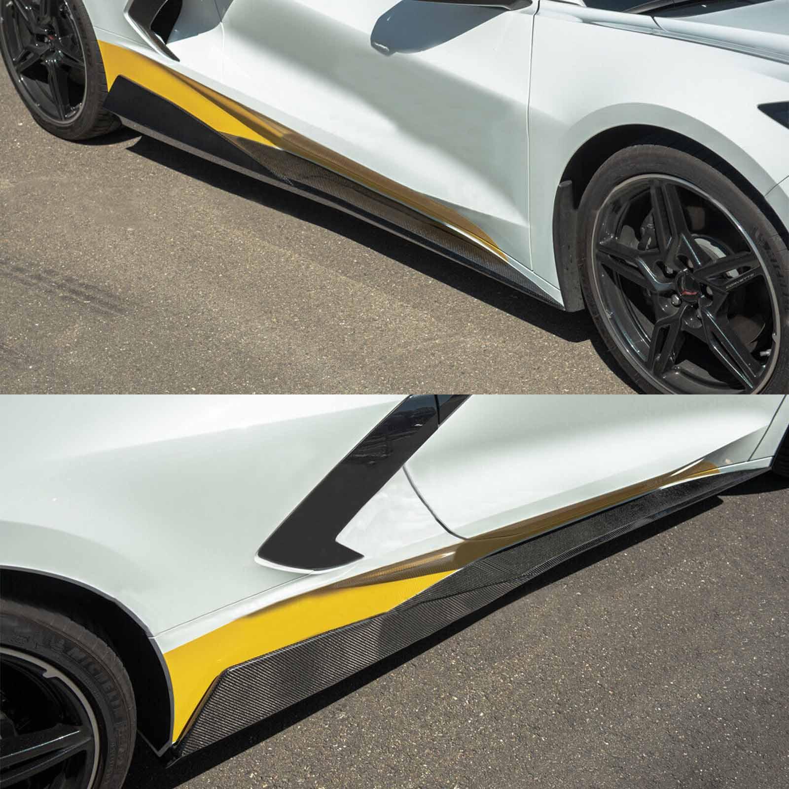 5VM Style Carbon Fiber Print Side Skirts For 2020-2025 Corvette C8 Stingray & Z51 - Aggressive Exterior Lip Splitter Extensions