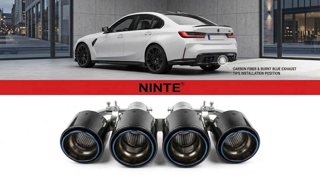 NINTE Universal Exhaust Muffler Tip Tailpipe Real Carbon Fiber Blue Burned Without Logo Fit For BMW 2 3 4 Series M240i M340i M440i Sport Modification