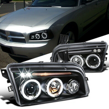 Cargar imagen en el visor de la galería, For Dodge 06-10 Charger Black LED/Dual Halo Projector Headlights Head Lamps Pair - NINTE