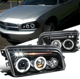 For Dodge 06-10 Charger Black LED/Dual Halo Projector Headlights Head Lamps Pair