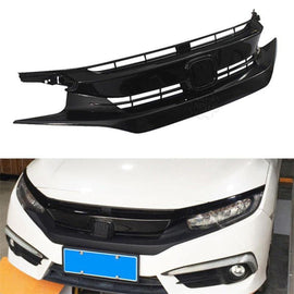 Ninte For 2016 - 2018 Honda Civic 10th Gloss Black ABS Triple Front Mesh Grille & Light Brows - NINTE