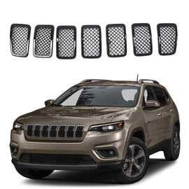 Ninte For 2019 - 2021 Jeep Cherokee 7 PCS ABS Front Mesh Grill Cover - Painted Gloss Black Grille - NINTE