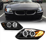 For 03-08 BMW Z4 M-Power Black Dual LED Angel Eye Halo Projector Headlight Lamp