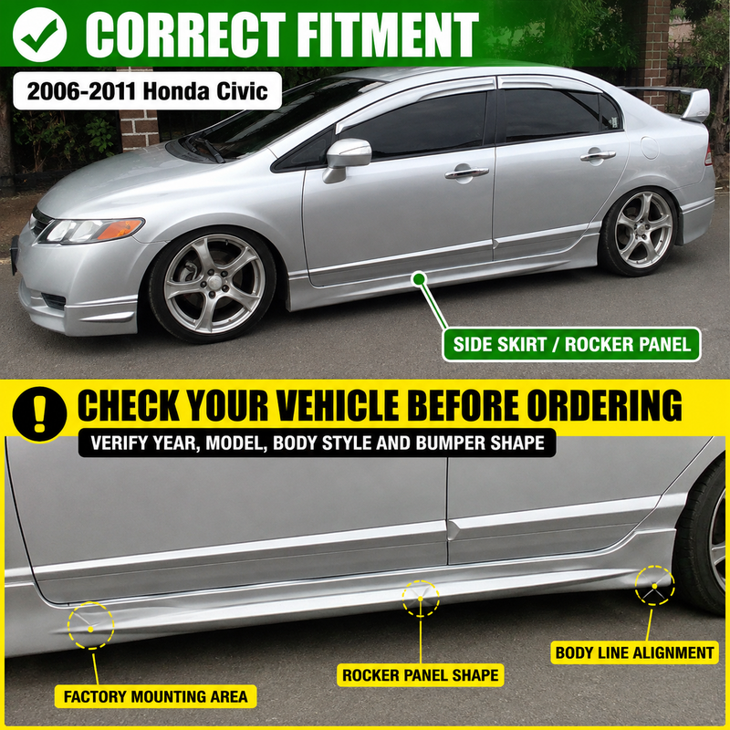 NINTE Left and Right Rocker Side Skirt Kit Fit for Honda Civic Sedan 4DR 2006-2011 Black ABS Plastic RR Style